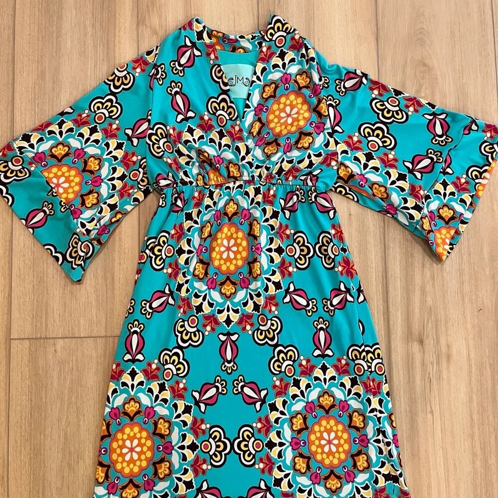 Judith March Womens Dress Medium Blue Brown Pink Boho Retro V Neck Wide Sleeve